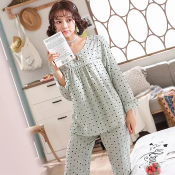 

Spring Summer Women Casual Lingerie Suit Print Sweet Pajama Pyjama Set Long Sleeve Sleepwear O-Neck Shirt+Pants 2PCS Nightwear