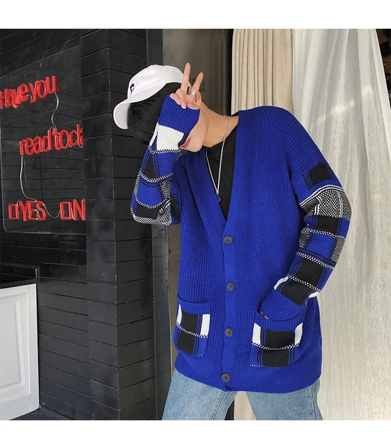 Check Button Cardigan Male Oversize Loose Streetwear Sweater Men Harajuku Cashmere Coat Modis High Street v Neck Pull Homme