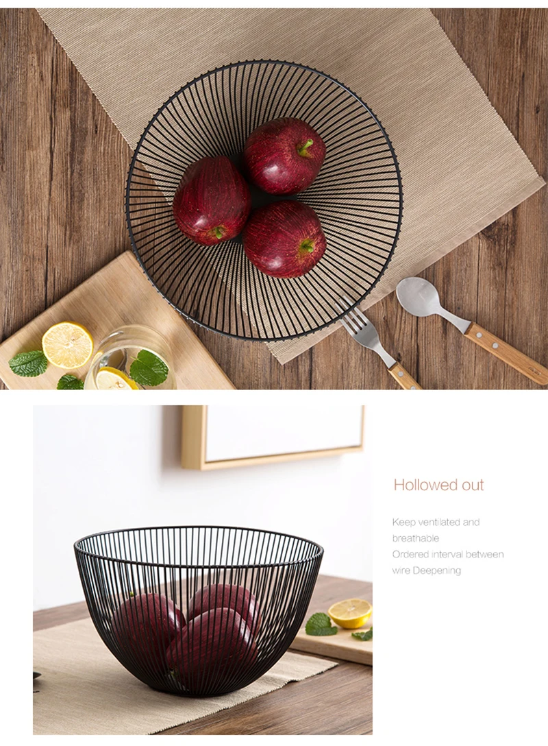 Home Storage Basket Fruit Basket Wrought Iron Hollow Desktop Snack Round Baskets Living Room Organizer Kitchen DecorationB6
