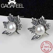 GAGAFEEL чистый 925 пробы серебряный жемчуг серьги гвоздики кленовый лист серебряные серьги для женщин девочек высокое качество