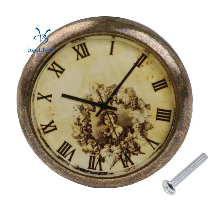 2 Pieces Vintage Brass Cabinet Drawer Round Pulls Wardrobe Cabinet Door Cupboard Knob Handle Clock Plate Pattern #1