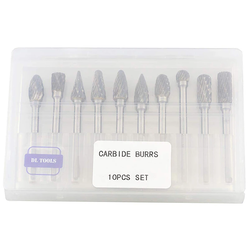 10pcs Double Cut Tungsten Carbide Rotary burr Set Metal Carving Drilling Polishing Bits with 1/8