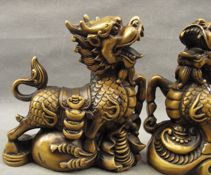 

S4360 Chinese Bronze Wealth RuYi Treasure Guardian Dragon Kylin Beast Statue Pair D0318