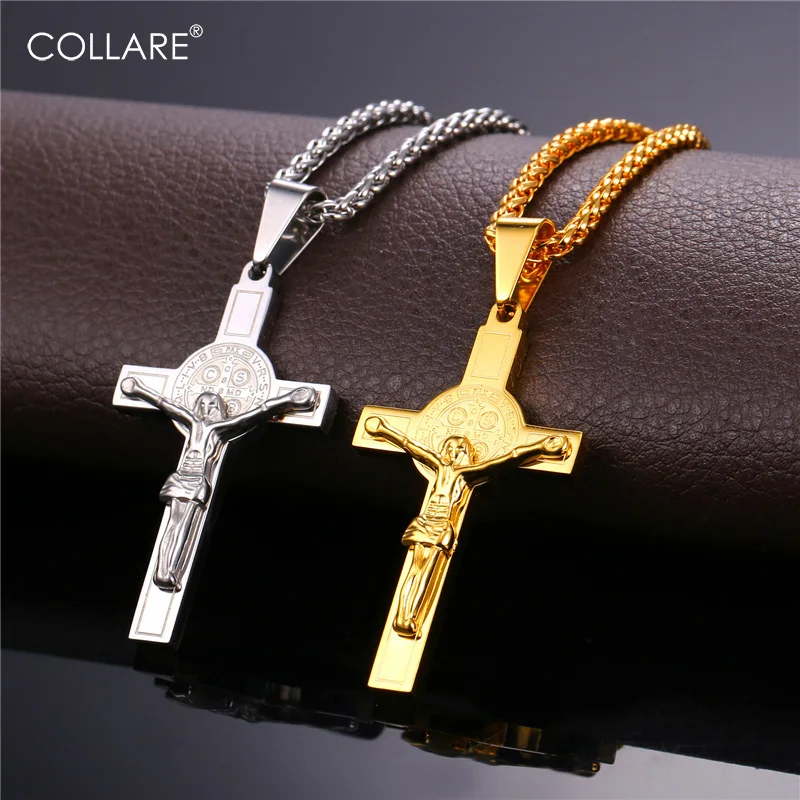 

Collare INRI Crucifix Cross Pingente Stainless Steel Gold Color Pendant Wholesale Cross With Saint Benedict Medal Necklace P277