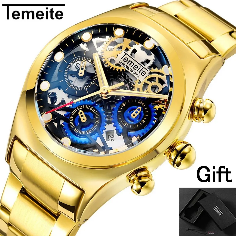 

TEMEITE brand mens watch quartz luxury gold steel man wristwatch waterproof calendar casual men's watch male creative clocks