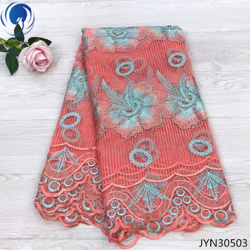 

Beautifical net lace fabric 2018 high quality french tulle mesh lace fabrics with stone Embroidery for women 5yards/lot JYN305