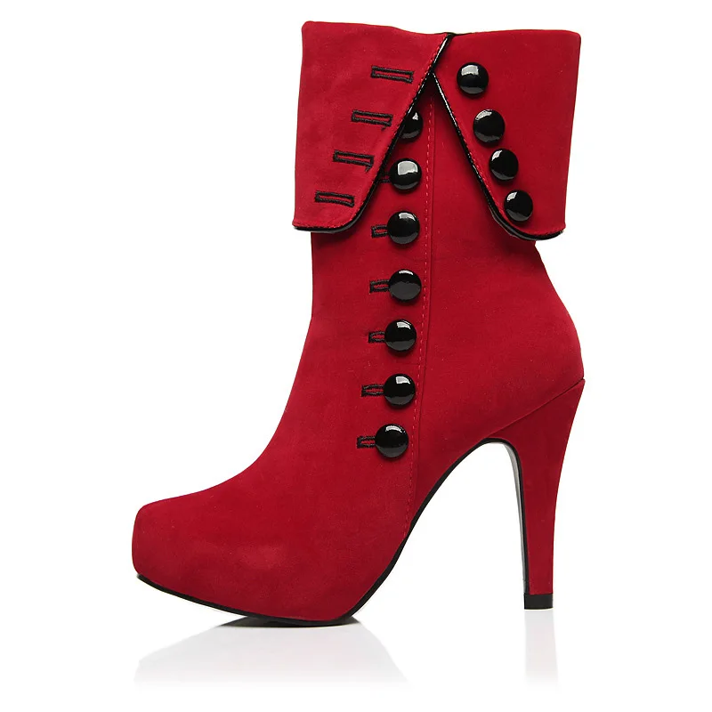 

Women's Red Suede Stiletto Heel Pumps Closed Toe Mid-Calf Boots With Button Shoes