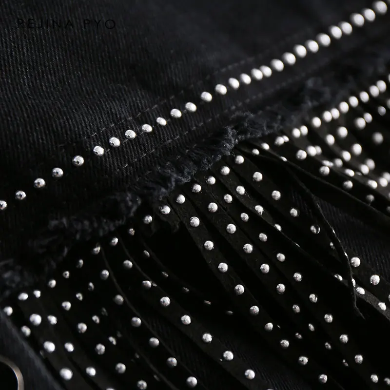Promo  REJINAPYO Women Black High Quality Loose Denim Jacket Coat Sequined Tassels Streetwear All-match Me