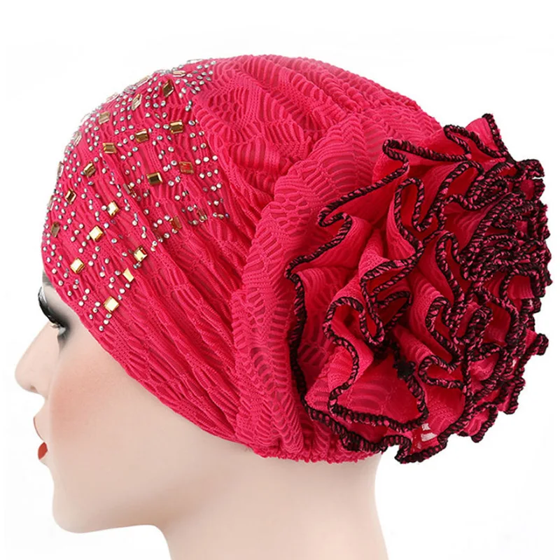 Женская мусульманская шапка-тюрбан с цветком для выпадения волос, упругая модная кепка из хлопка, одноцветная шапка - Цвет: Rose Red