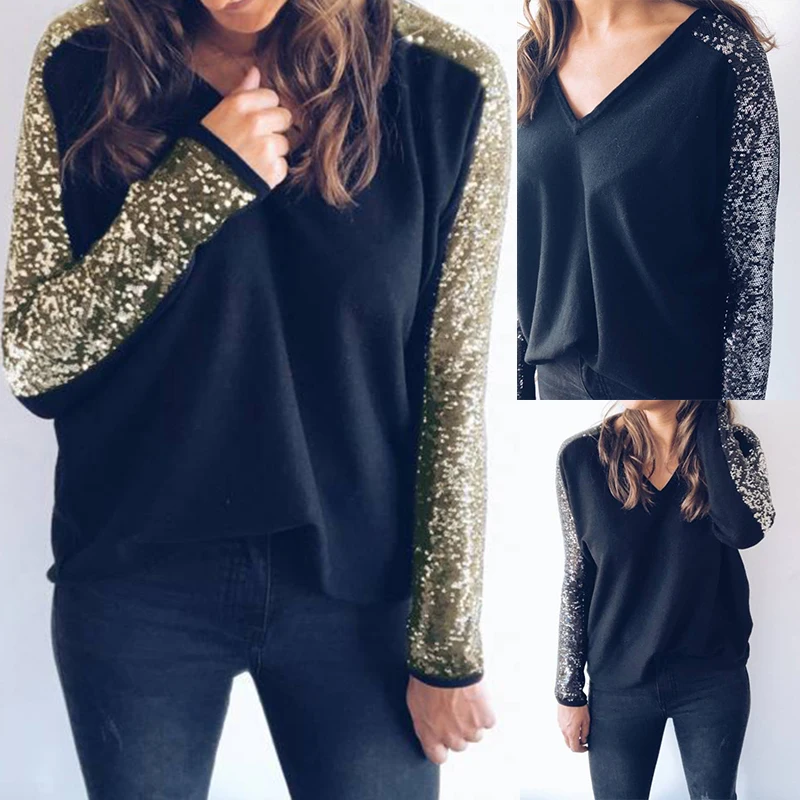 Woman Sequin Glitter T-shirt Fashion Women Long Sleeve V-Neck Casual Tee Tops Elegant Shirt Autumn Winter Pullover Lady T Shirts