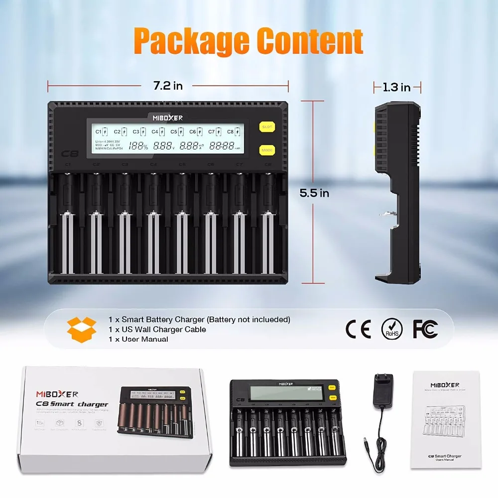 MiBOXER Battery Charger 8Slots LCD Display for Li-ion LiFePO4 Ni-MH Ni-Cd AAA 21700 20700 26650 18650 17670 RCR123 18700 MiBOXER Battery Charger 8Slots LCD Display for Li-ion LiFePO4 Ni-MH Ni-Cd AAA 21700 20700 26650 18650 17670 RCR123 18700