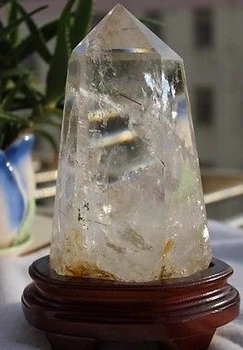 

xd j00824 Natural Black Hairs Quartz Crystal Point Cut Polished Healing China+stand