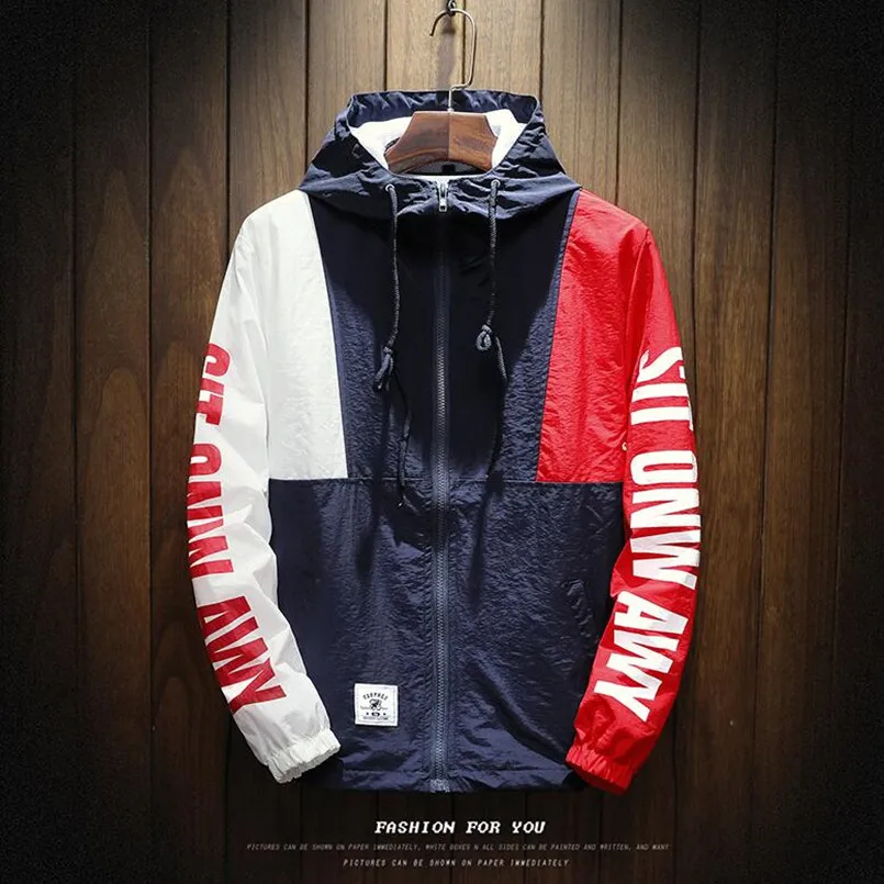 

New Spring Jacket Color Block Patchwork Windbreaker Hooded Jackets Men Hip Hop Full Zip Up Pullover Tracksuit Jacket Streetwear
