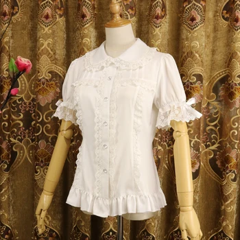 Ladies Short Sleeve Chiffon Blouse White/Black Lolita Button Down Shirt with Detachable Sleeves 1