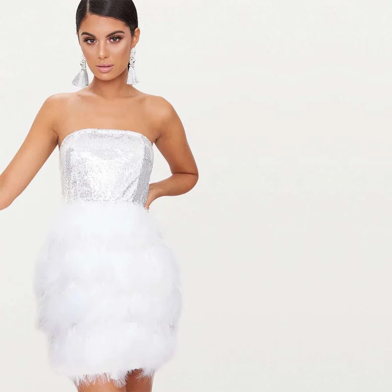 Женское платье с блестками черное белое без бретелек рукавов|club wear|white sequin dresssequin