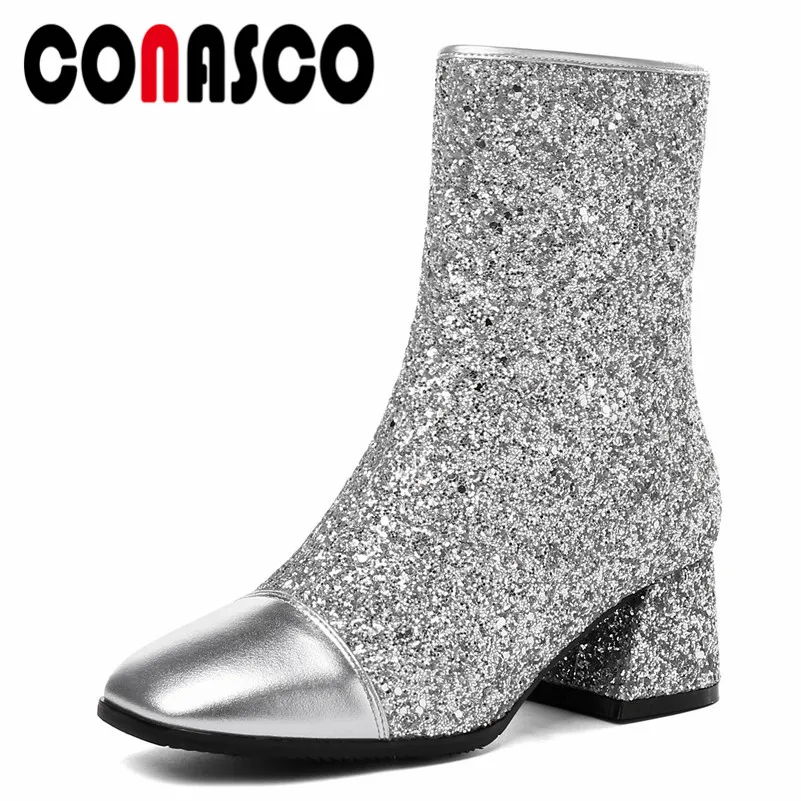 

CONASCO Quality Women BlingBling Mid-calf Boots Square Toe Autumn Winter Martin Shoes Woman High Heeled Party Wedding Shoes Pump