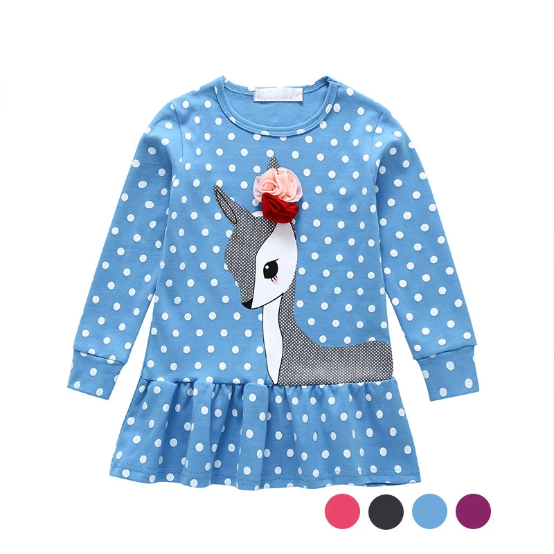 

Toddler Little Girl Dresses (5 Colors,1-7Y) Long Sleeve Cotton Cartoon Deer Applique White Dot Princess Party Dress for Girls