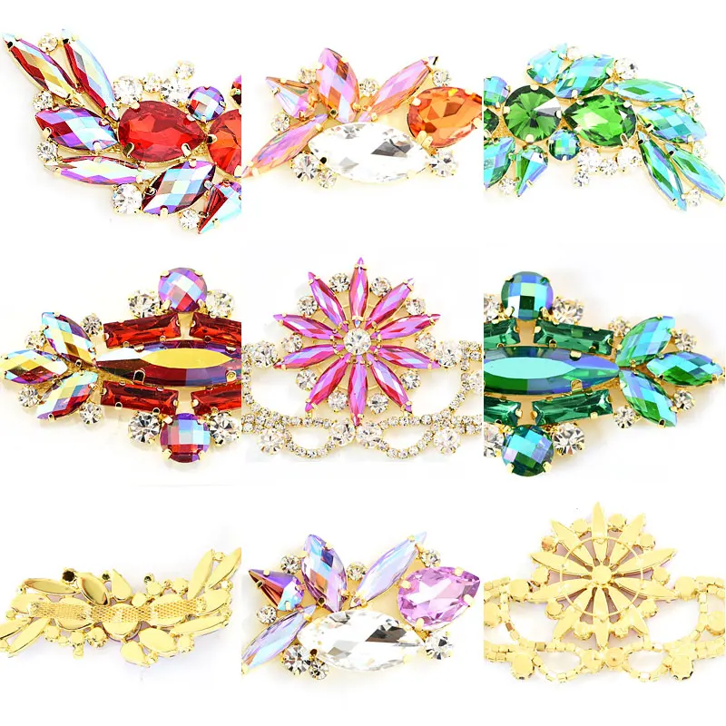 

1pcs Colorful Crystal AB Glass Rhinestone Applique With Gold Base Flower Applique Sew On Rhinestone For Wedding Dress B3770