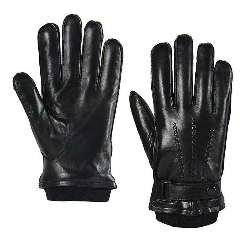 Модные однотонные черные мужские перчатки из овчины с кнопкой на запястье, мужские зимние теплые перчатки из натуральной кожи для вождения, M016WZ
