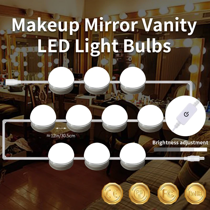 

USB LED Mirror Light 6 10 14bulbs Stepless Dimmable Makeup Vanity Lamp 12V Touch On/Off Switch led Dressing Table Bulbs US EU UK