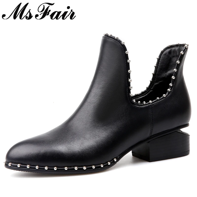 

MsFair Pointed Toe Med Heel Women Boots Genuine Leather Rivet Metal Decoration Ankle Boot Woman Winter Ankle Boots Women Shoes