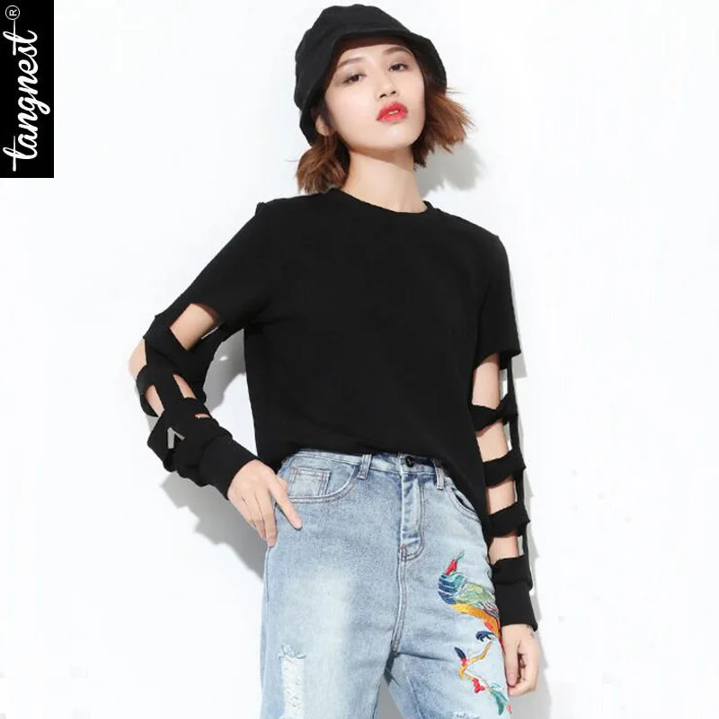 TANGNEST Women Tops Long Sleeve 2017 Spring Fashion Holes