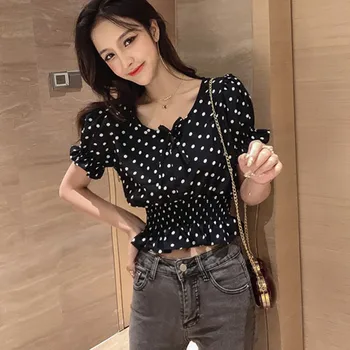 

Women V Neck Fashion Polka Dot Shirt Korean Summer Crop Tops Harajuku Chiffon Blouse Casual Ruffle Short Sleeve blusas femininas
