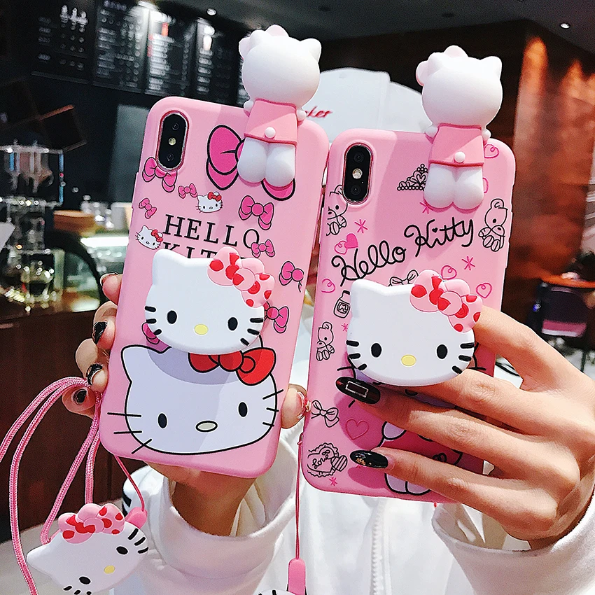 

For iPhone 11 Pro Xs Max Xs XR 6 7 8Plus Case Kt Cat Soft TPU Cover Phone Strap Rope Case
