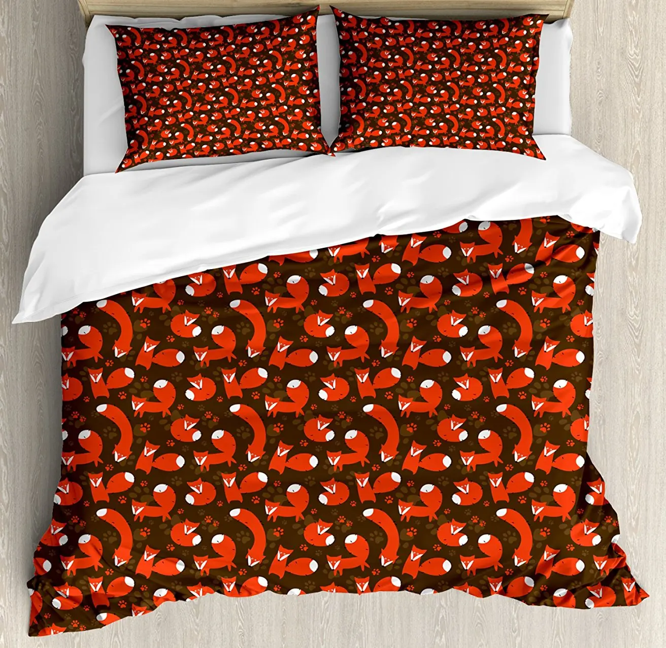 

Fox Duvet Cover Set , Paw Print Pattern Background with Childrens Cartoon Cunning Forest Animals, 4 Piece Bedding Set