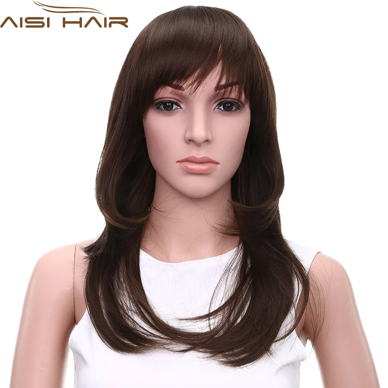 

20"Cheap High Quality Long Curly Hair Oblique Bangs Brown Wig Fashion Heat Resistant Natural Synthetic Wigs African American Wig
