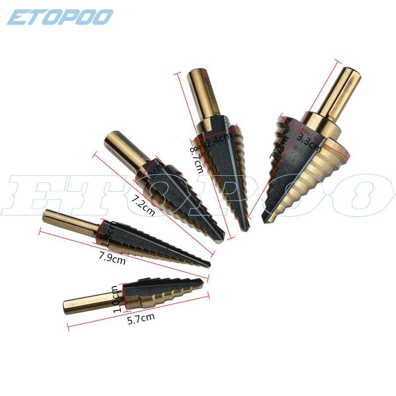 5pcs/set Hardened HSS Triangular Round Shank Inch Stepped Drill Bits
