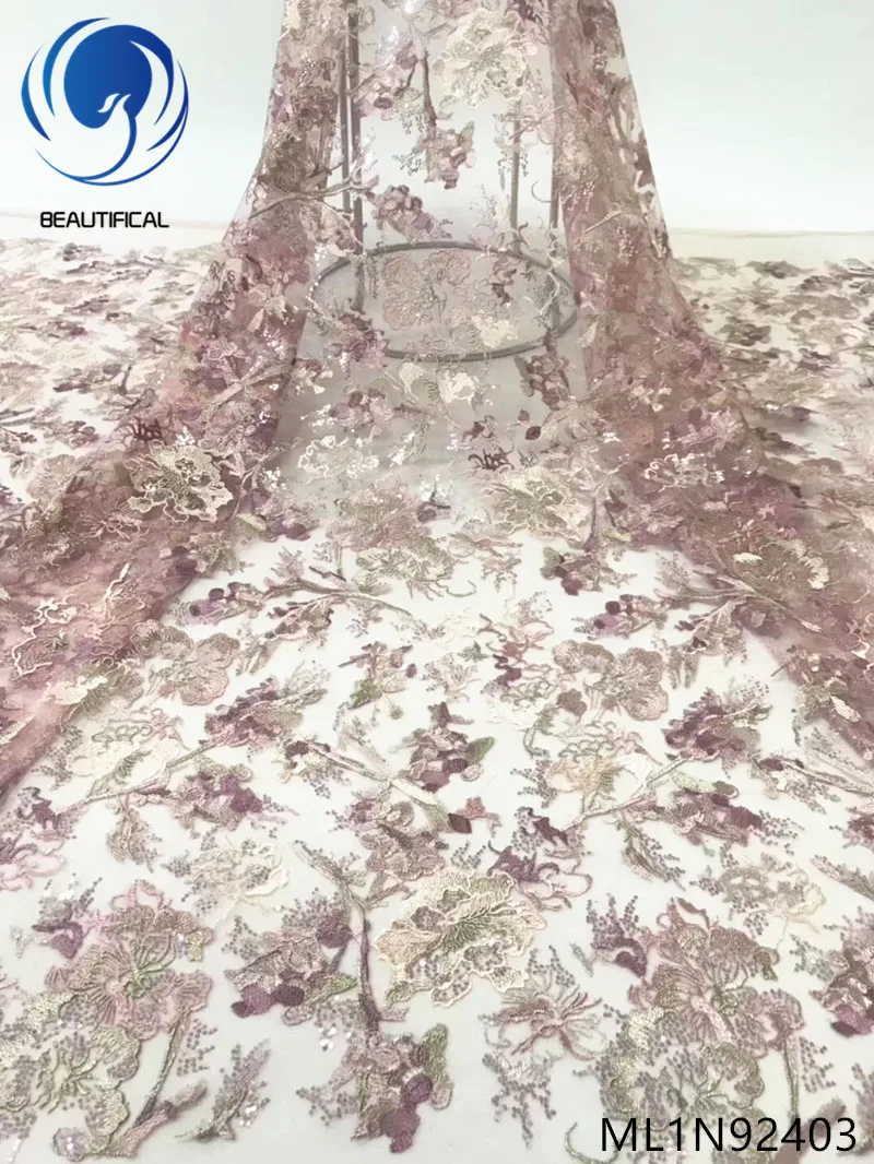 

Beautifical african lace fabrics beautiful embroidered lace fabrics sequins embroidery lace french fabric for dress ML1N924