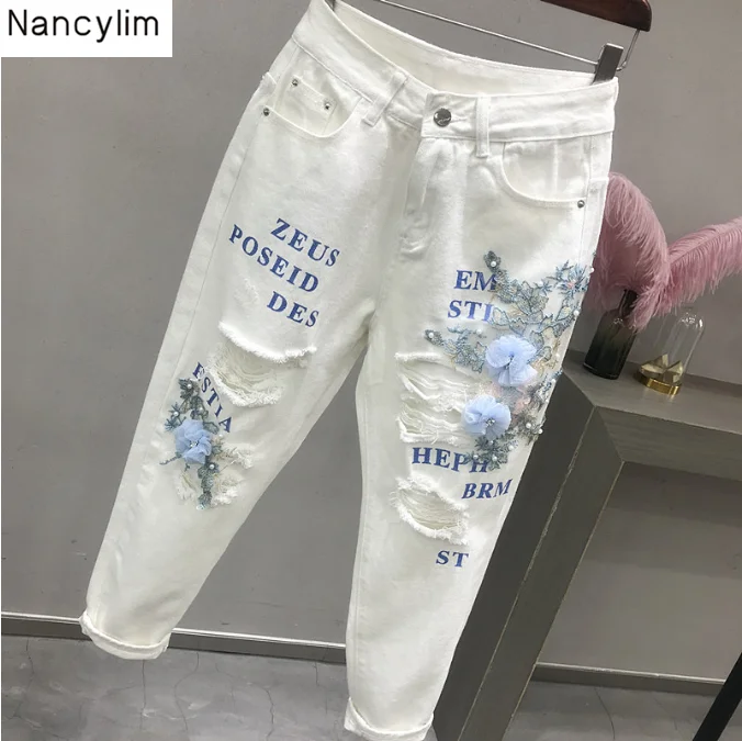

White Jeans Women's Loose Plus Size Denm Pants Girls Ladies Summer Autumn Hole Hallen Nine-minute Jeans Pants Trousers Nancylim