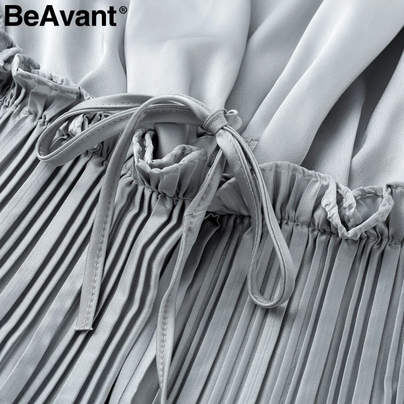 BeAvant Elegant satin pleated ruffles peplum tops 2018 Casual loose long sleeve blouse shirts Women v neck white blouse female