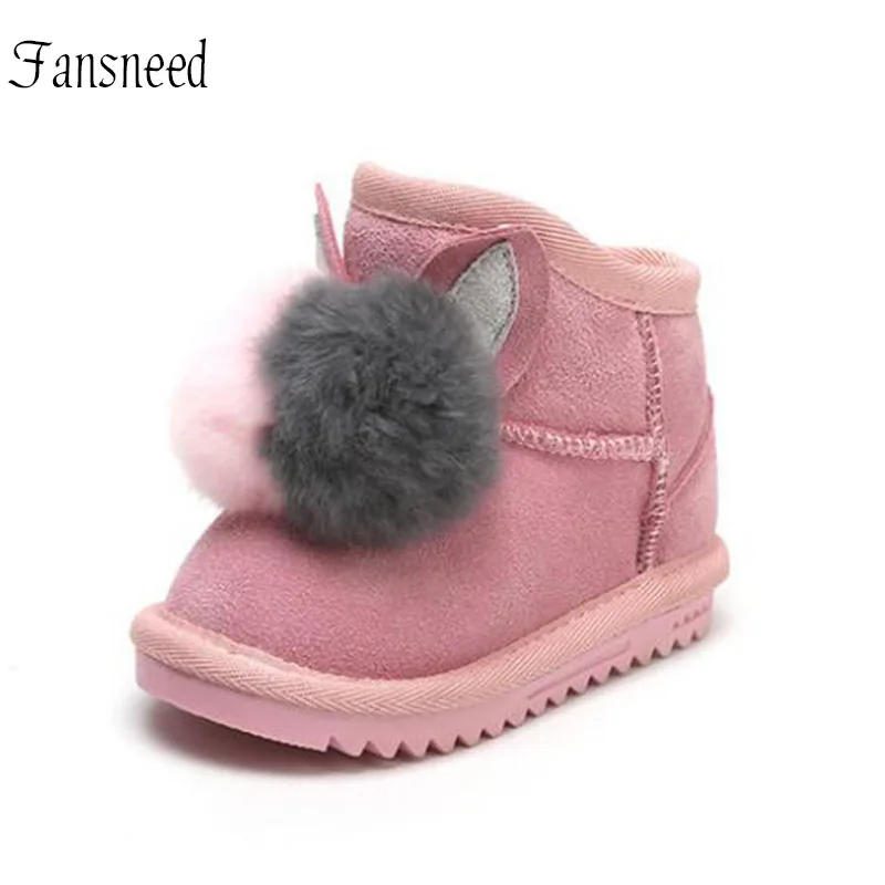 Best Genuine Leather Baby Snow Boots Girls Plus Velvet Thick Winter Boots Rex Rabbit Fur ball Decoration Children Boots