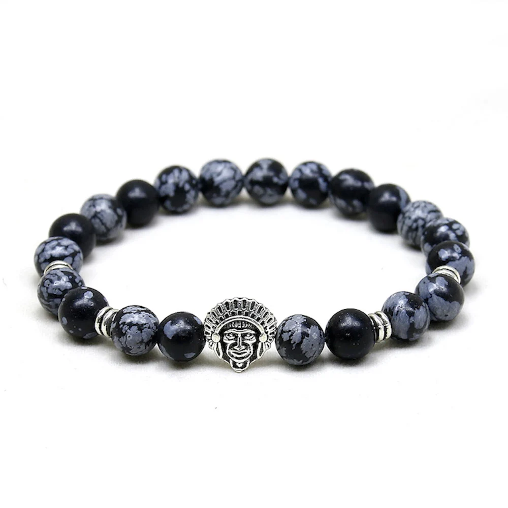 

Natural Stone Black Alabaster 8mm Beads Braided Rope Bracelets Energy Bracelet,Indian Head Silver/ Bangle for Men