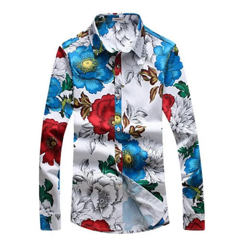 2017 Mens Long Sleeve Floral Shirts Spring Autumn New Slim Fit Men