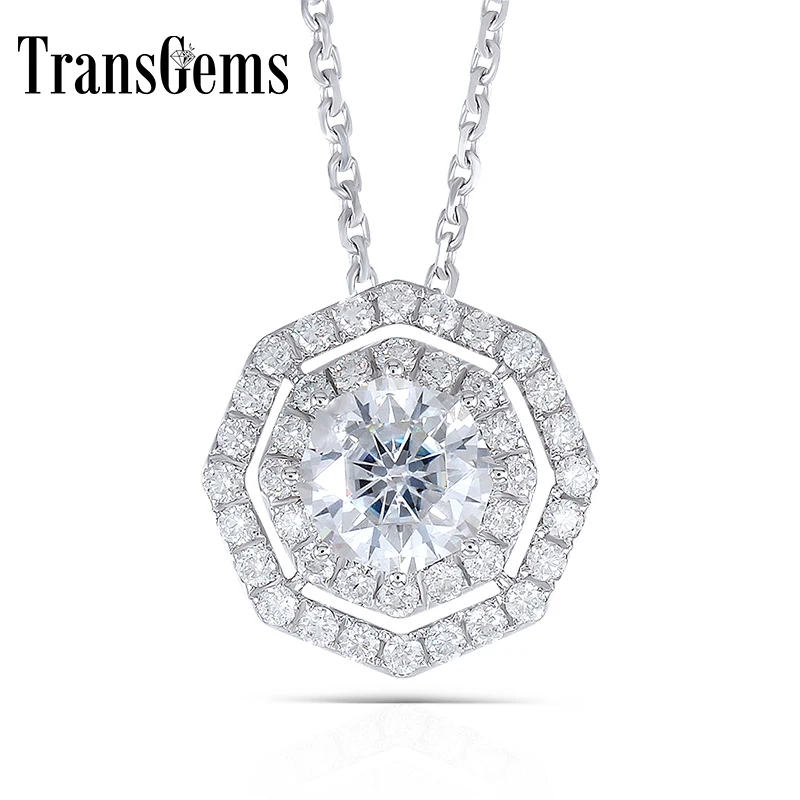 

Transgems 14K 585 White Gold 1.4CTW Octangle 6MM F Color Moissanite Double Halo Pendant Necklace with Moissanite Accents