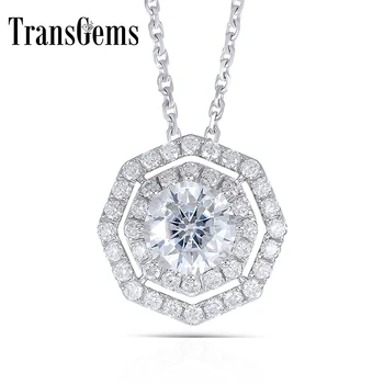 

Transgems 14K 585 White Gold 1.4CTW Octangle 6MM F Color Moissanite Double Halo Pendant Necklace with Moissanite Accents
