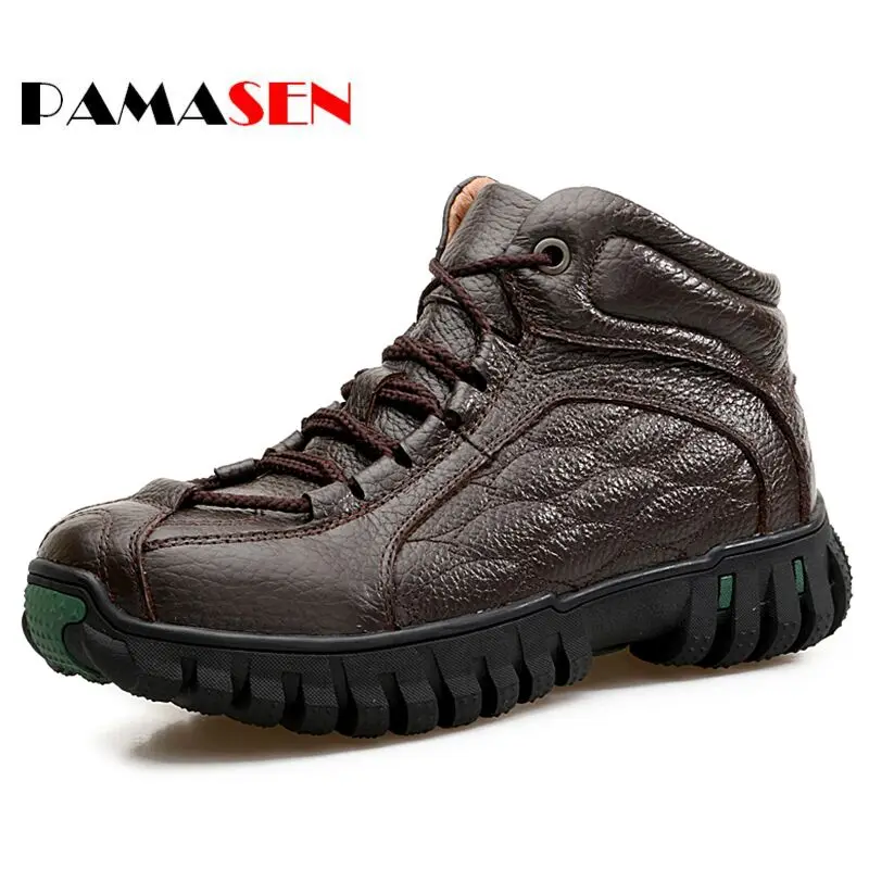 

PAMASEN New Genuine Leather Men Winter Boots Plush Keep Warm Comfortable Working Safety Motorcycle Retro Winter Snow Men Shoes