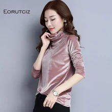 EORUTCIZ зимняя теплая футболка для женщин бархатная водолазка Винтаж футболки с длинным рукавом Oversize черный тонкий топы корректирующие LM174