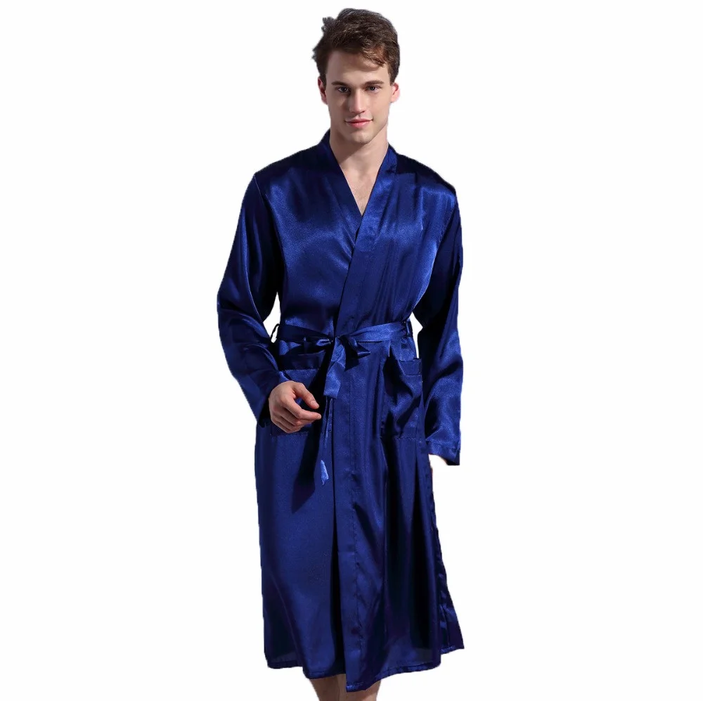 Long Sleeve Chinese Men Rayon Robes Gown New Male Kimono Bathrobe Navy ...