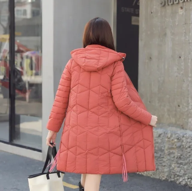 Quilted Coat Long Parka Female Thick Cotton Slim Winter Jacket Women Clothes Hooded Warm Outwear Plus Size Korean Oke042 - Color: Brick red