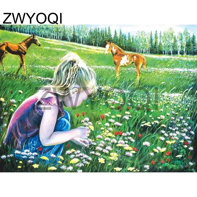 5D-DIY-Full-Diamond-Painting-Home-Decoration-Girl-With-Two-Horses-Rhinestone-Embroidery-Cross-Stitch-Wall