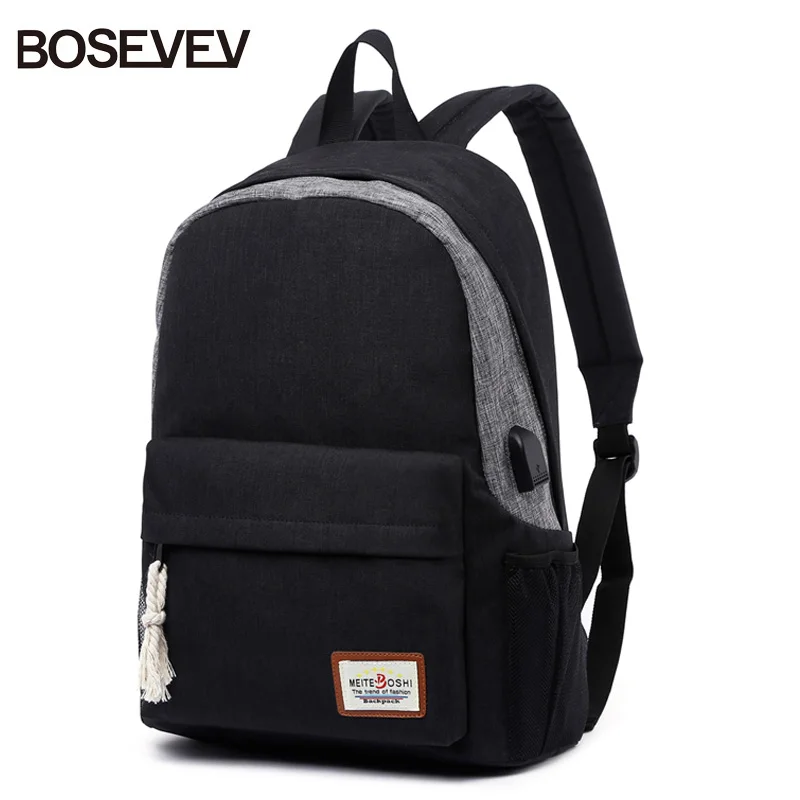 

BOSEVEV Large Capacity 14 Inch Laptop Bag Man USB Design Backpack Bag Black Backpack women School Bags Mochila Masculina