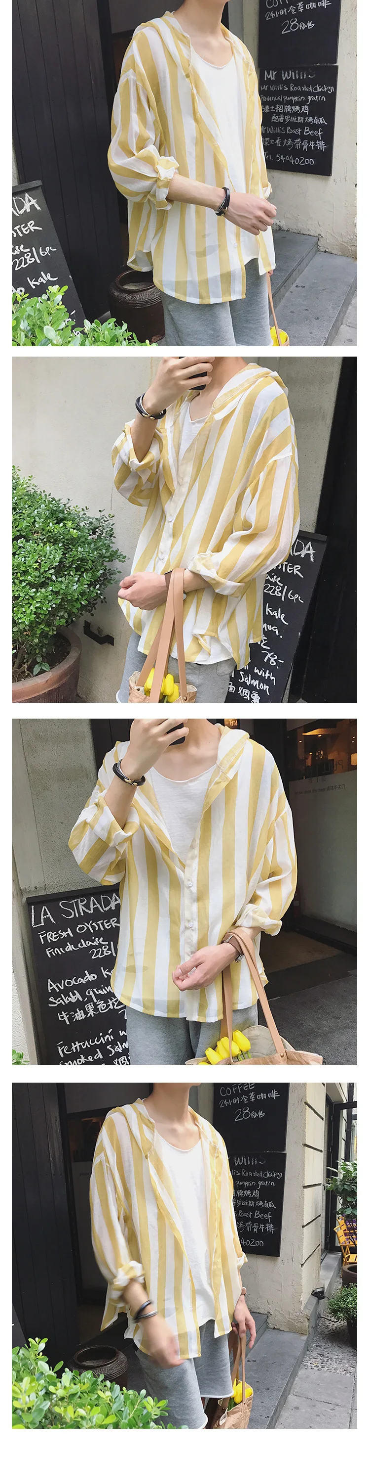 Summer Casual Streetwear Long Sleeve Fashion Korean Style Striped Hooded Mens Shirt