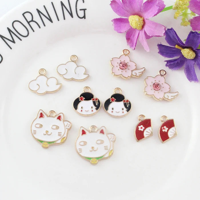 

15pcs Enamel Fortune Charm Sakura Japanese Charms Animal Charms Japan Fan Pendant Bracelet Charm DIY Findings Jewelry Supplies