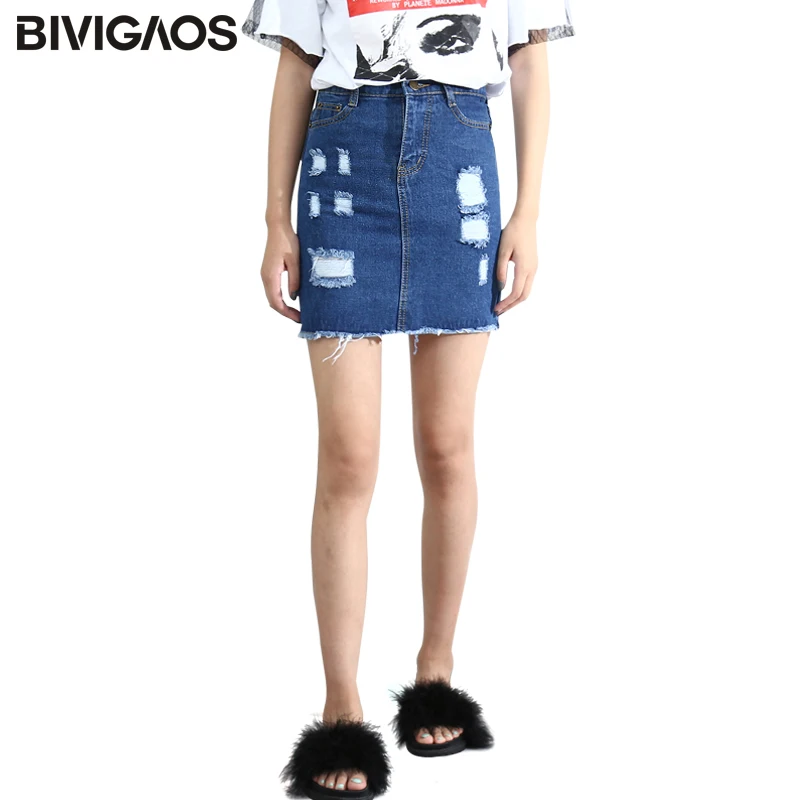 BIVIGAOS женские летние джинсовые юбки с высокой талией женские рваные короткие юбки тонкие мини-юбки-карандаши Saias для женщин