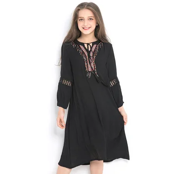

Big Girls Chiffon Dresses Kids Long Sleeve Embroidery Black Dress children Clothing for Teens girl costume 6 8 10 12 14 Year old