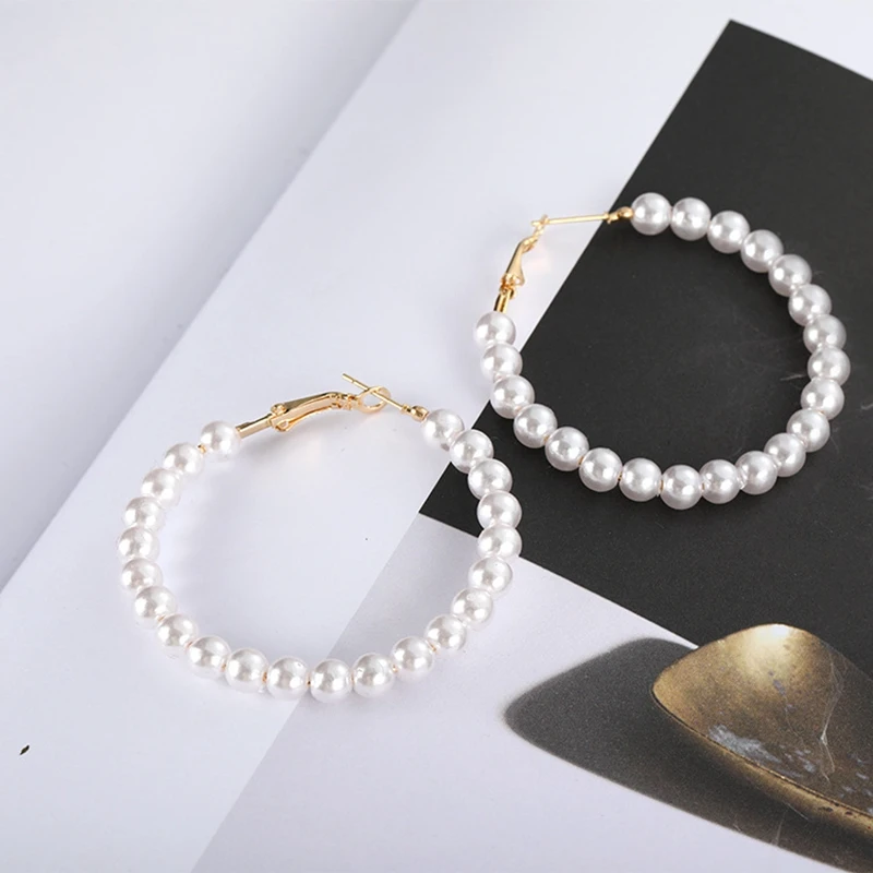 Элегантный Имитация жемчужные серьги-кольца для женщин ювелирные изделия Большой Круг жемчуг Pendientes Женская мода серьги